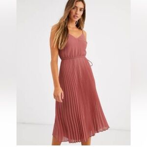 ASOS DESIGN pleated cami midi dress with drawstring waist in dark pink